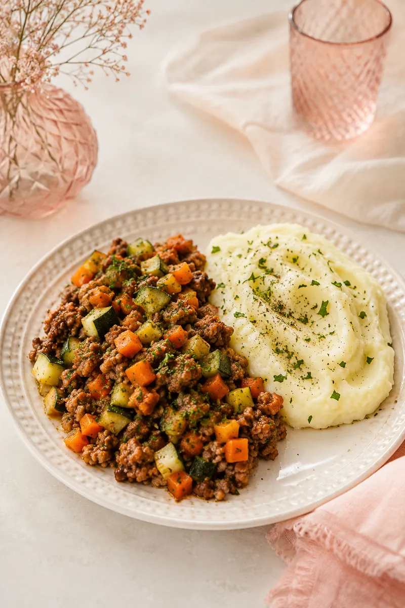 Carne Moída com Legumes e Purê de Batata